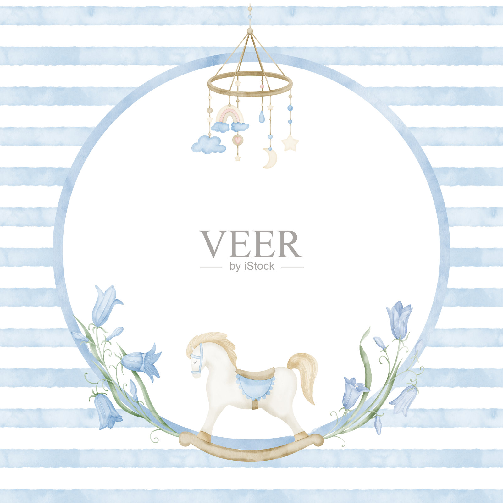 为婴儿淋浴卡水彩框架。为生日或新生儿邀请手绘插图。圆形模板与复古摇马和钟花在柔和的颜色。用玩具镶边插画图片素材