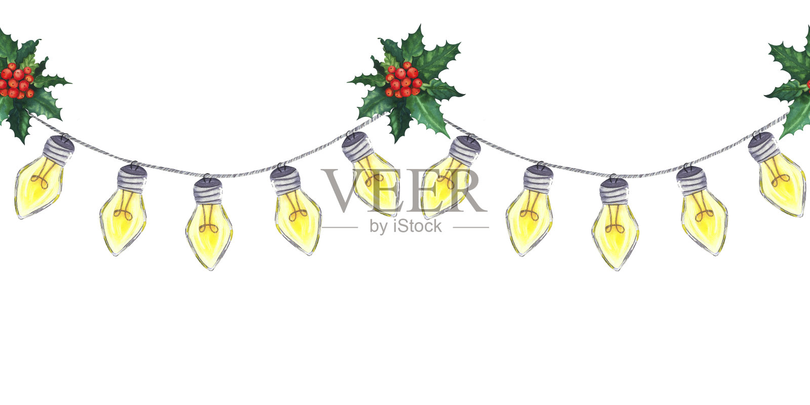 水彩圣诞无缝边界与玻璃花环与五个黄色灯泡和冬青。手绘插图孤立在白色插画图片素材