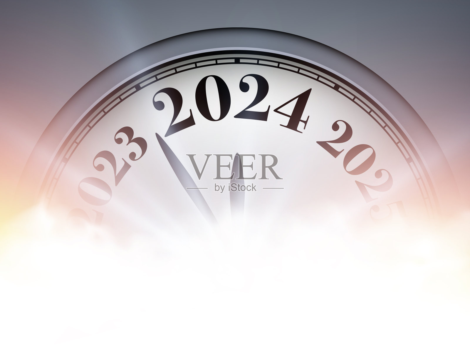 2024年新年倒计时钟在美丽的银色背景与阳光。插画图片素材