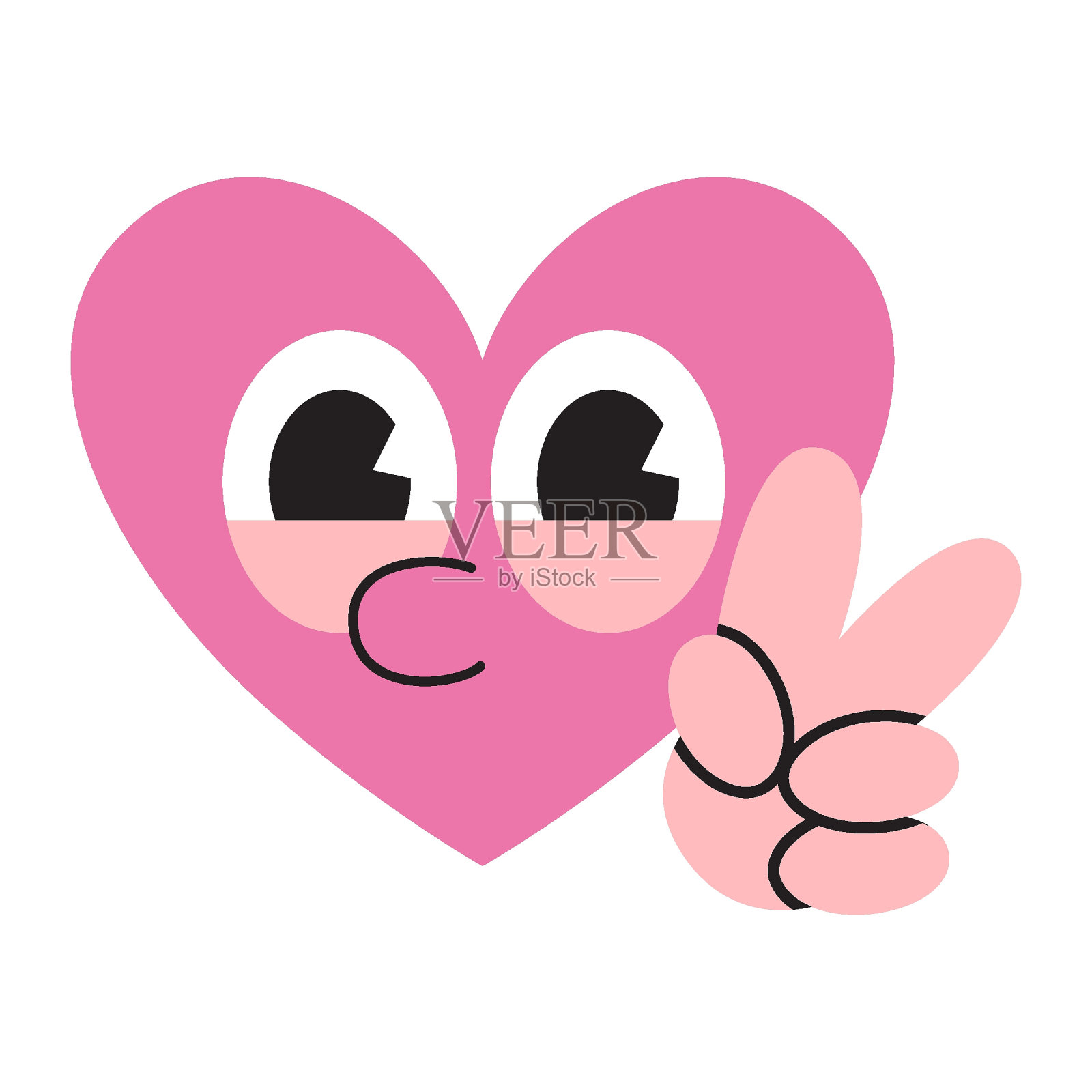 有趣的心与V标志，卡通风格，复古的groovy字符。新潮的现代矢量插图孤立在白色背景上，手绘，平面设计插画图片素材