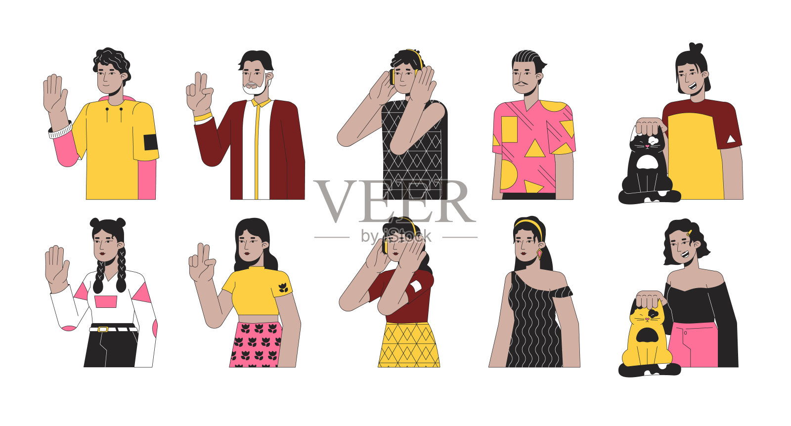 西班牙裔拉丁美洲人2D线性卡通人物集插画图片素材