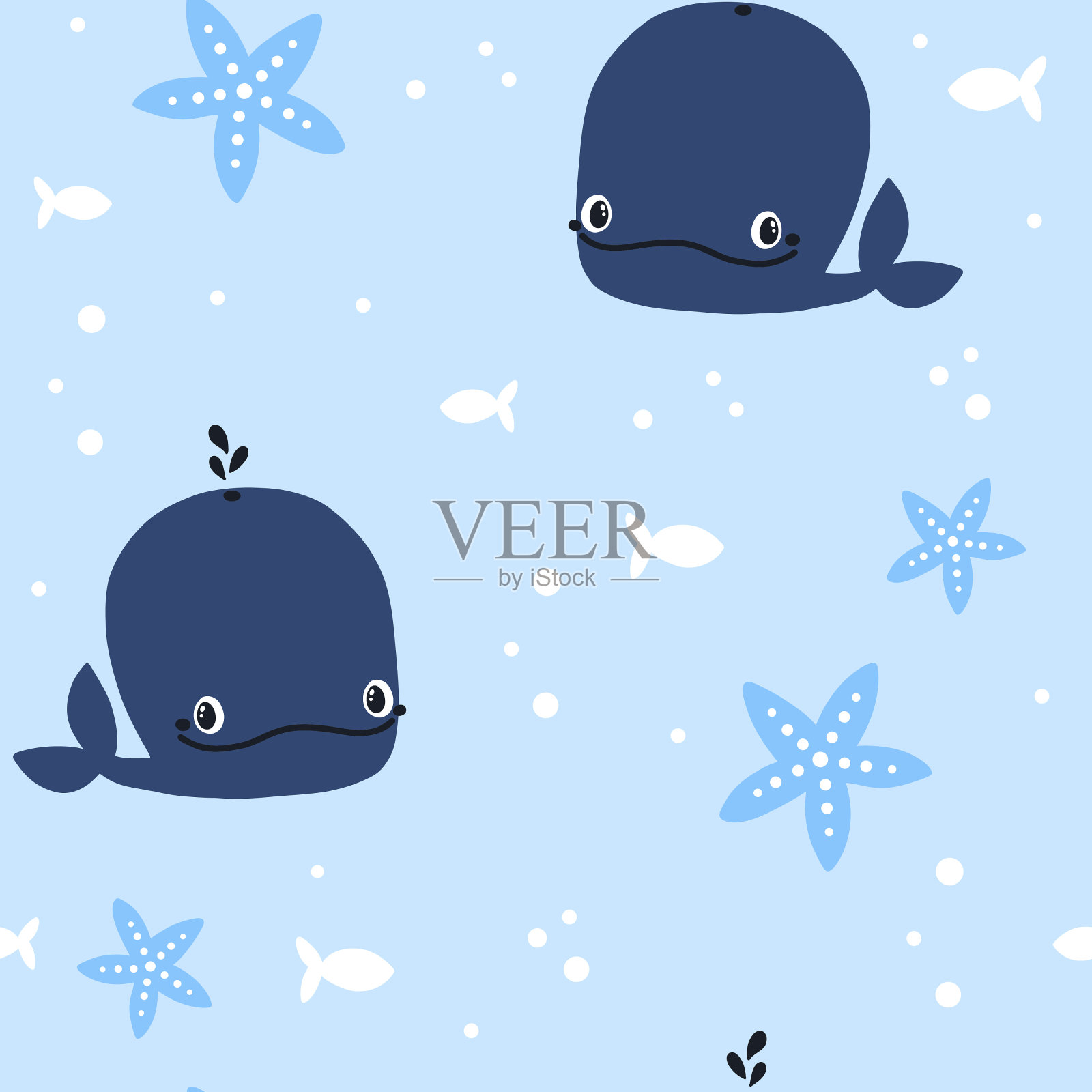 矢量手绘彩色儿童无缝重复简单的平面图案与鲸鱼和星星在斯堪的纳维亚风格的白色背景。可爱的小动物。鲸鱼儿童图案。插画图片素材