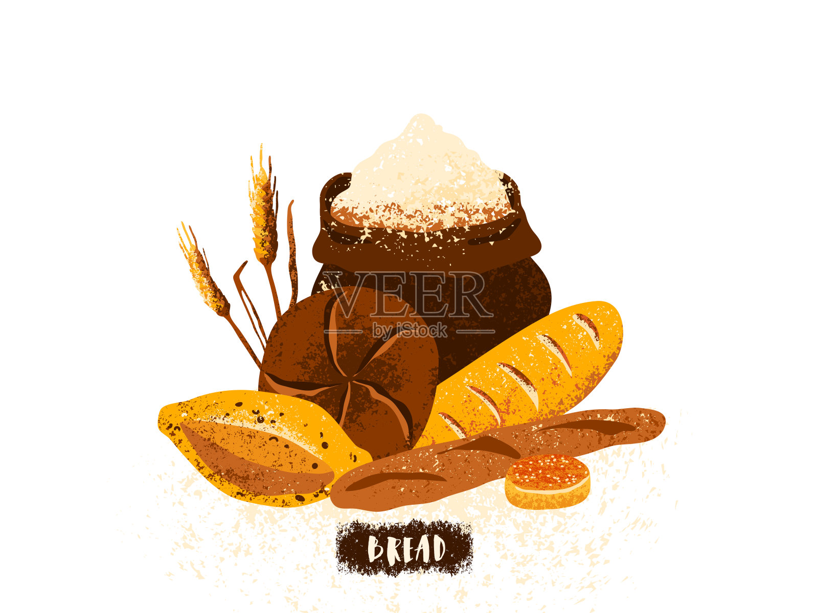 面包海报背景矢量插图与面包店产品和新鲜糕点。法棍、小麦粉袋、面包平面设计模板，具有现代扁平风格的纹理效果插画图片素材