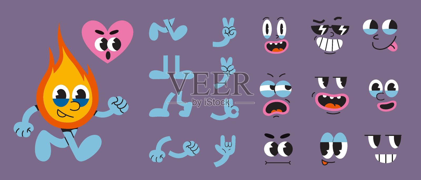 一套卡通人物的脸，腿，手在不同的情绪，姿势和手势。70年代时髦的漫画元素，可爱的复古嬉皮士吉祥物。新潮的现代矢量插图，手绘，平面设计插画图片素材