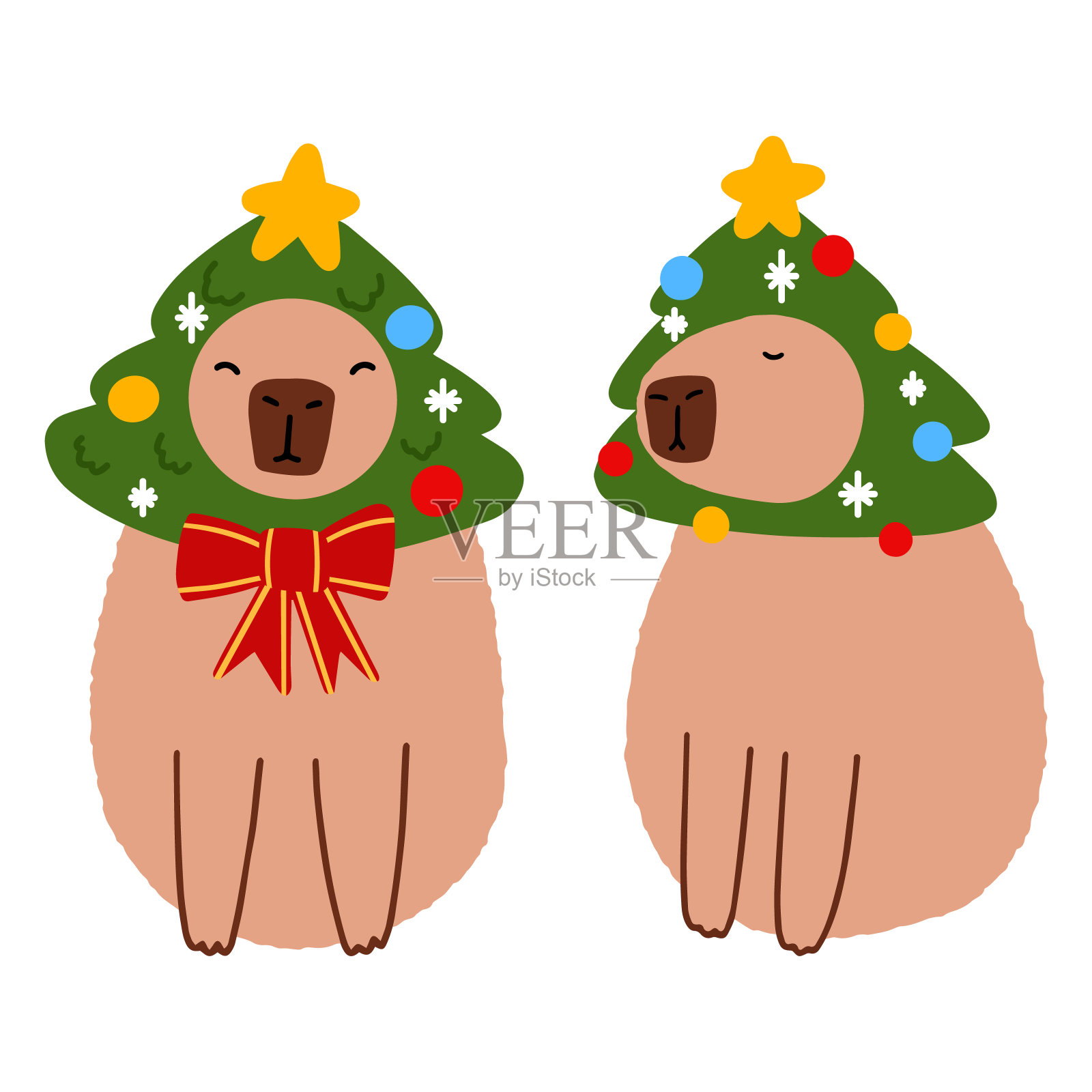 扁平风格的可爱圣诞树水豚：圣诞节和新年贺卡矢量插画插画图片素材