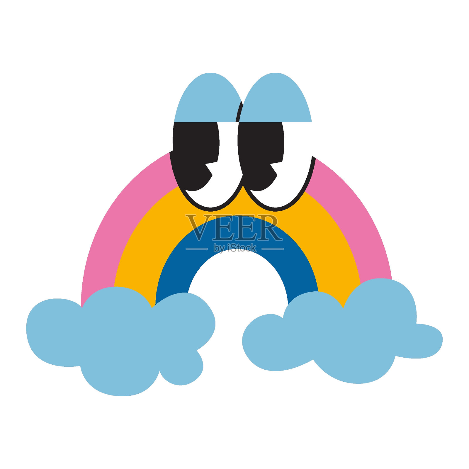 彩虹带云，卡通风格，复古时髦的人物。新潮的现代矢量插图孤立在白色背景上，手绘，平面设计插画图片素材