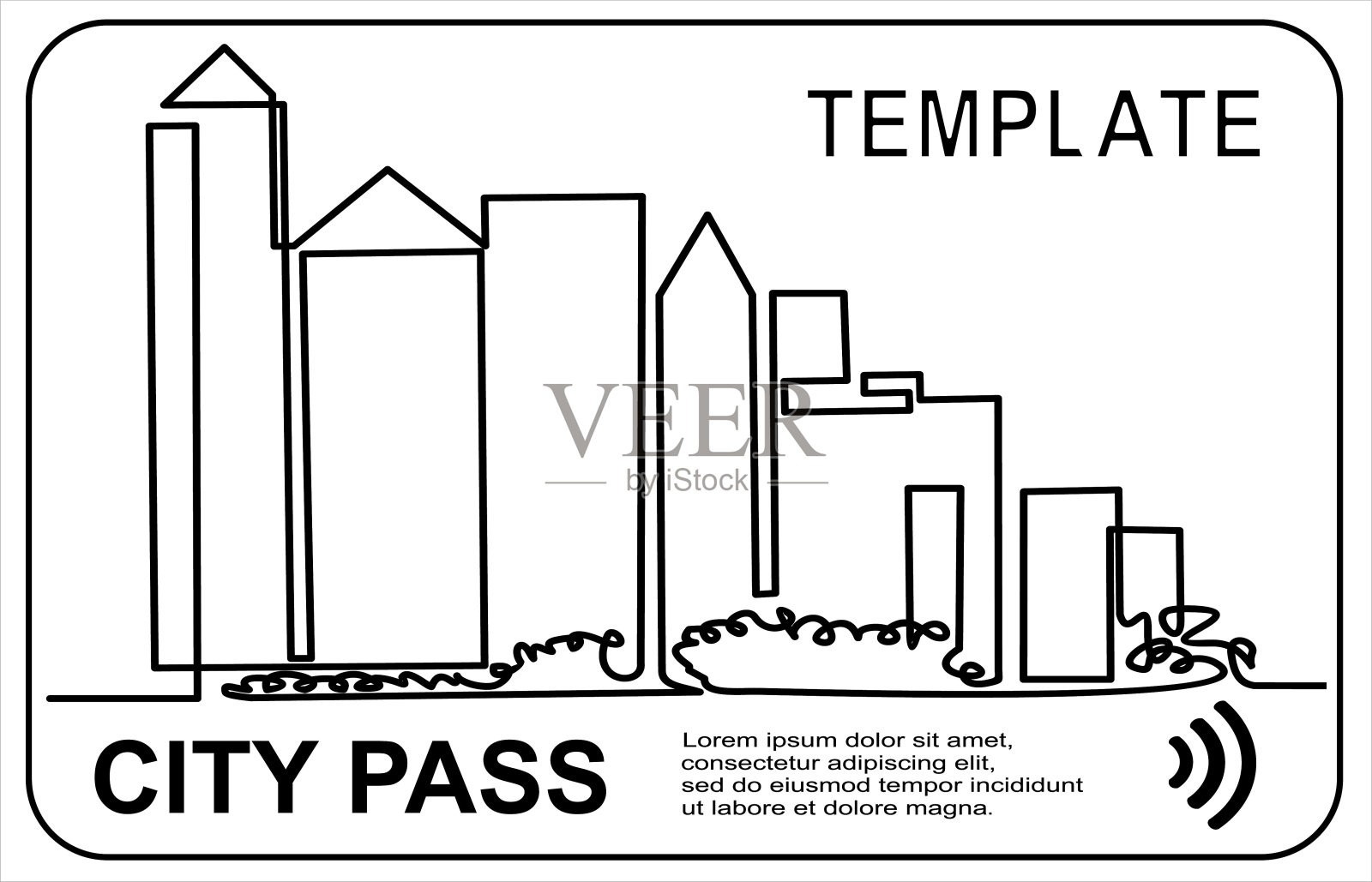 城市传递。现代城市景观的连续单线绘制。公交、火车、地铁车票无现金支付系统。有房子的卡片。插画图片素材