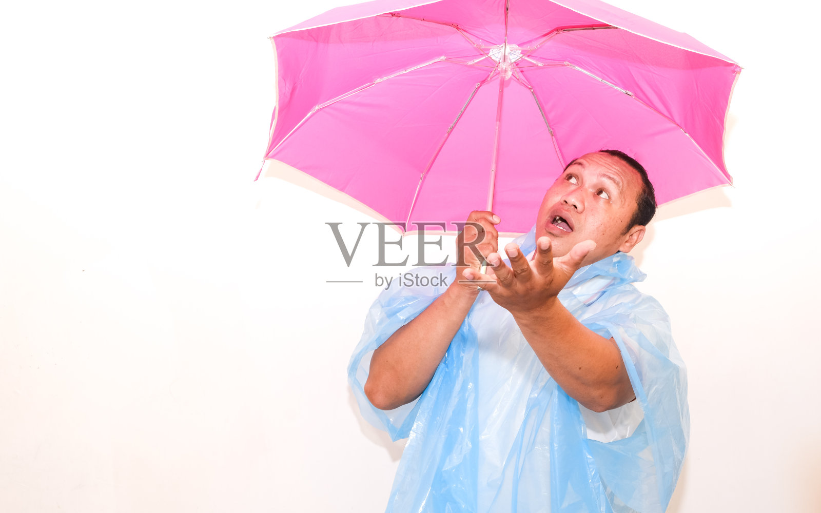 一名亚洲男子身穿蓝色雨衣，打着粉色雨伞，孤立在白色背景上照片摄影图片