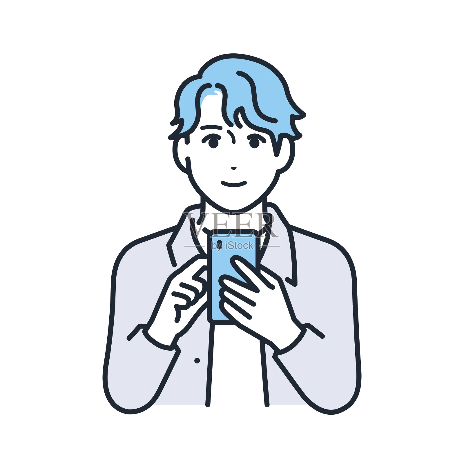 一个简单的矢量插图，一个穿着休闲服的年轻人带着微笑看着他的智能手机插画图片素材