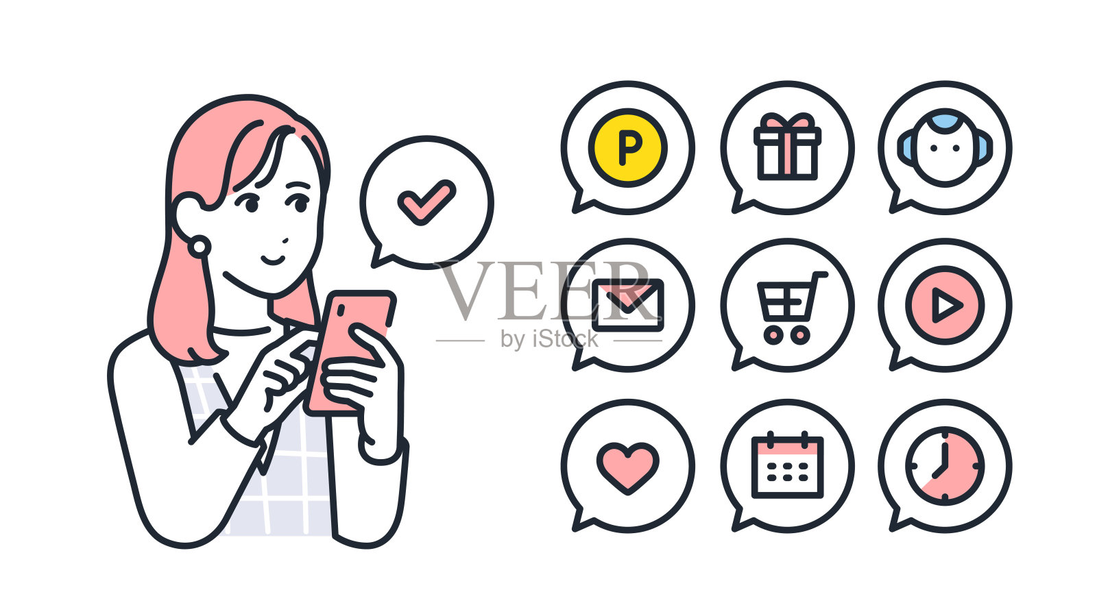 智能手机和年轻女子简单的矢量图标插图集材料插画图片素材
