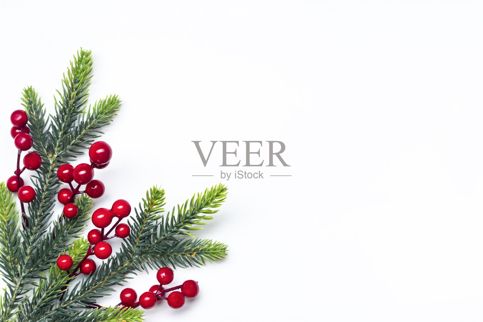 圣诞树枝，圣诞球，一品红，白底浆果圣诞构图圣诞快乐，新年概念俯视图平铺假日2024贺卡横幅模拟照片摄影图片