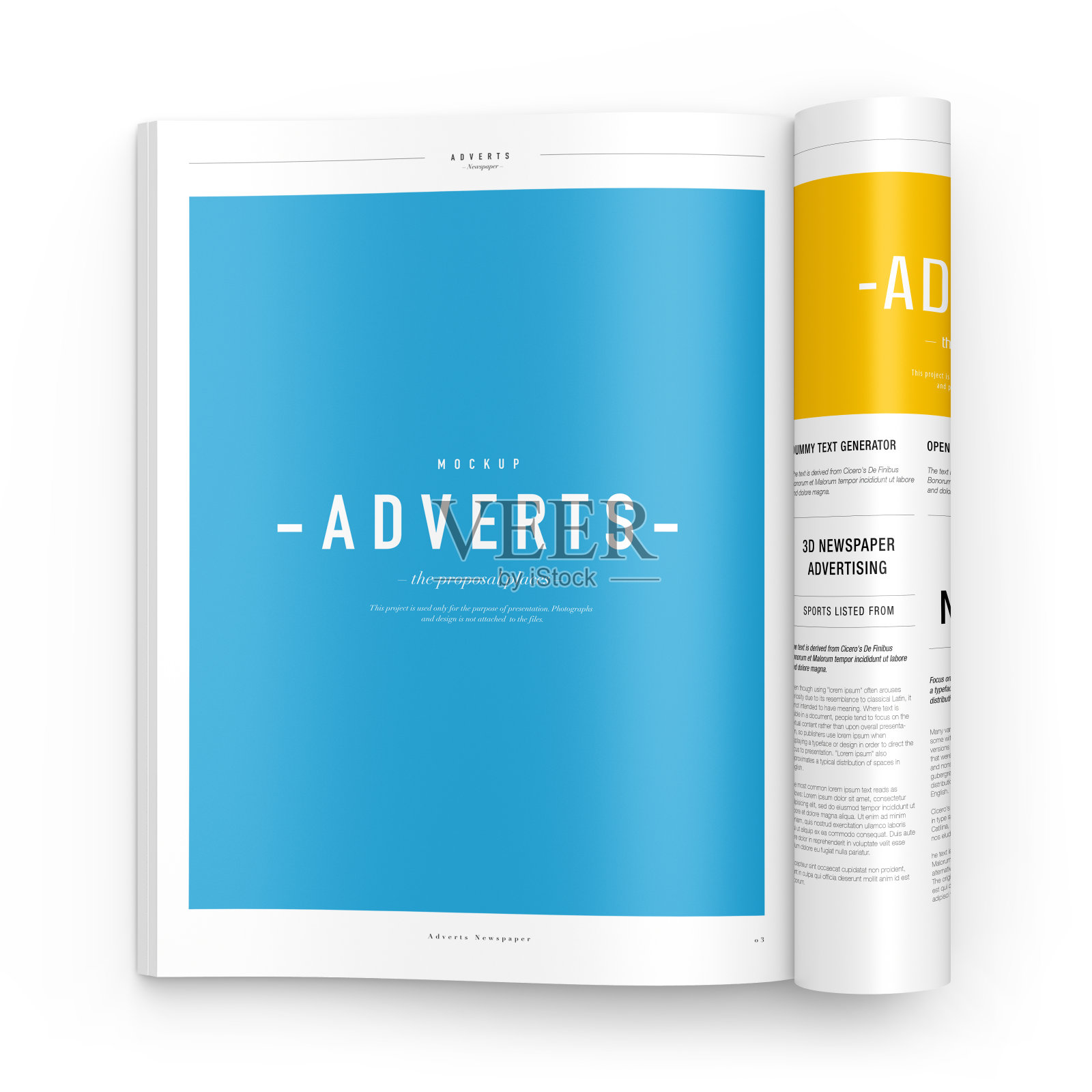 报纸广告杂志宣传册白色背景的模型。3D渲染照片摄影图片
