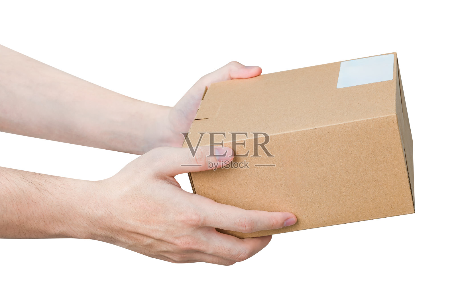 手持包裹盒孤立在白色背景。照片摄影图片