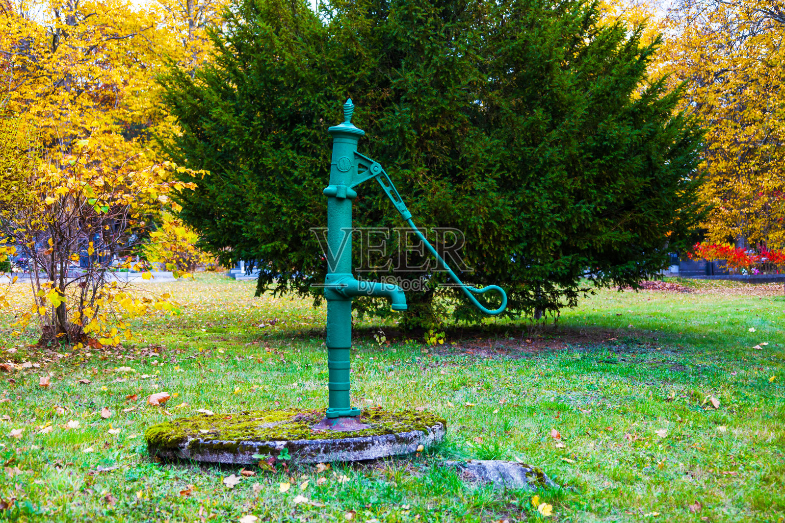在草地中央的墓地里有一口老井。照片摄影图片