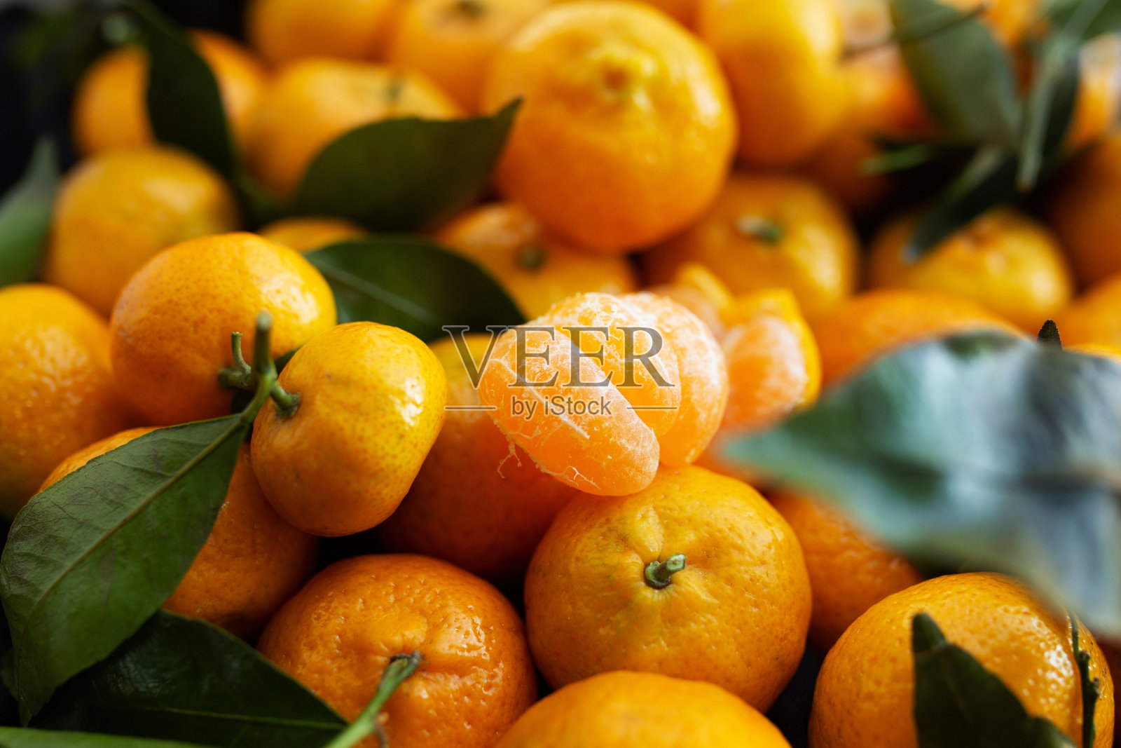 新鲜多汁的橘子片或以叶子为背景的橘子照片摄影图片