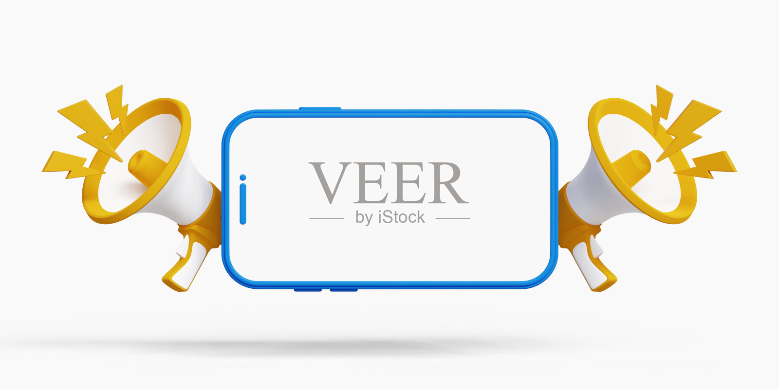 3D推广或广告概念。社交媒体营销，大型公告，限时促销概念。带有两个扩音器的3D智能手机。三维演示照片摄影图片