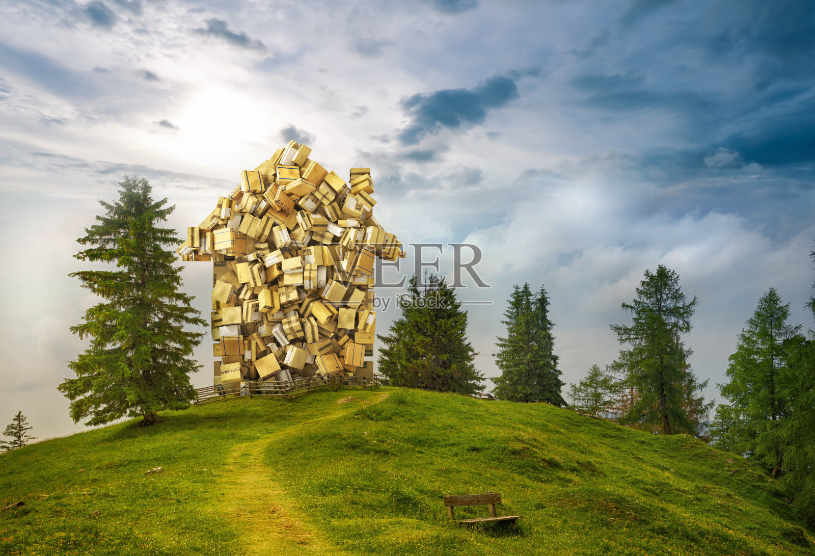 移动的概念。一堆房子形状的纸箱。三维演示照片摄影图片