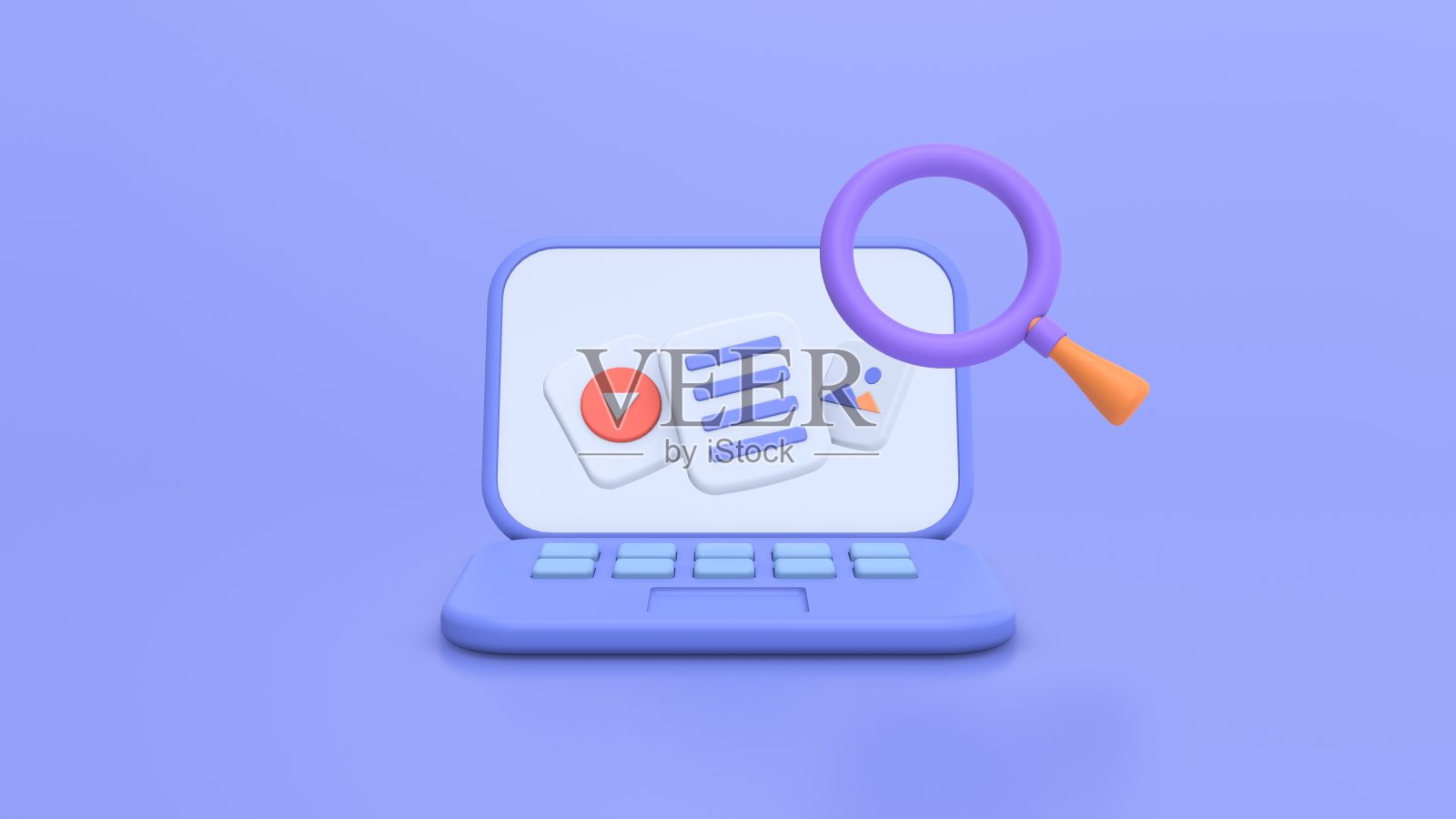 3d渲染文件传输文件夹文件，搜索笔记本电脑视频和图像图片，研究文件系统。放大3d图标业务找到媒体上的笔记本电脑。3d查找图标渲染照片摄影图片