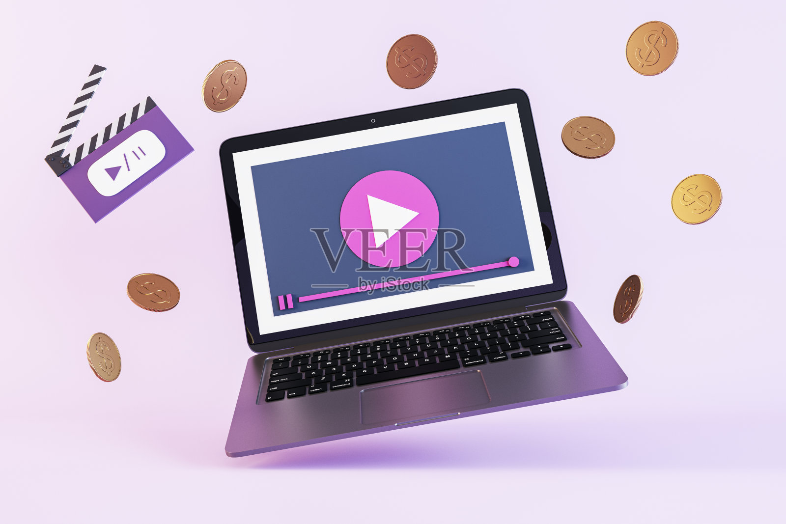 笔记本电脑播放按钮图形和浮动硬币在柔和的紫色背景。在线学习概念。三维渲染照片摄影图片