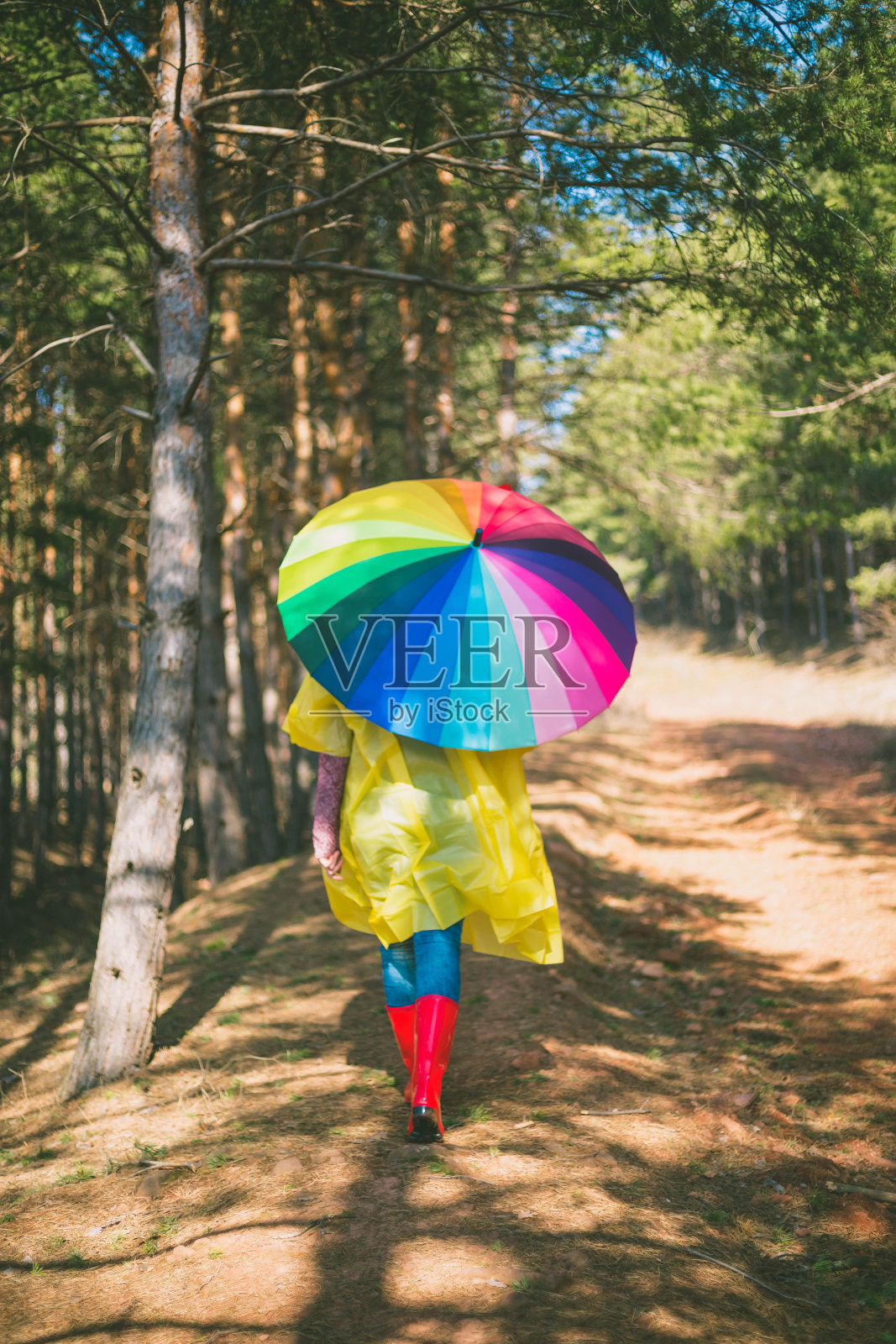 秋天，背着背包走在森林里的女人照片摄影图片