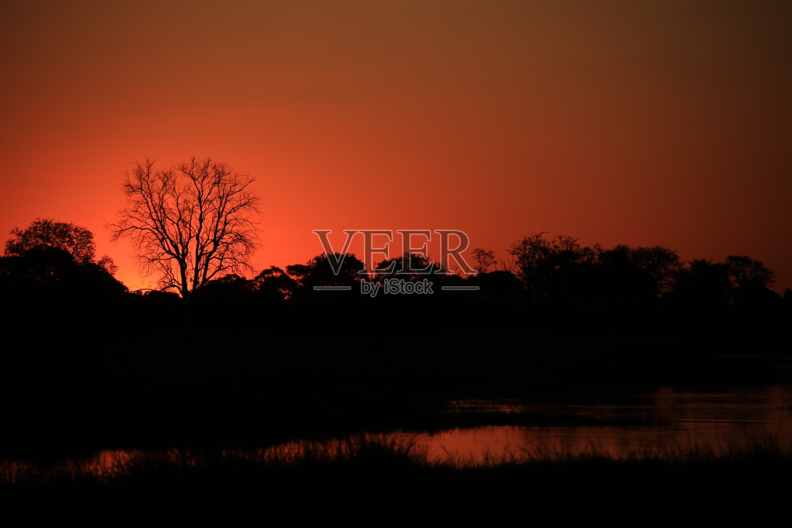 夕阳下的红色天空映照在博茨瓦纳的一条河上照片摄影图片