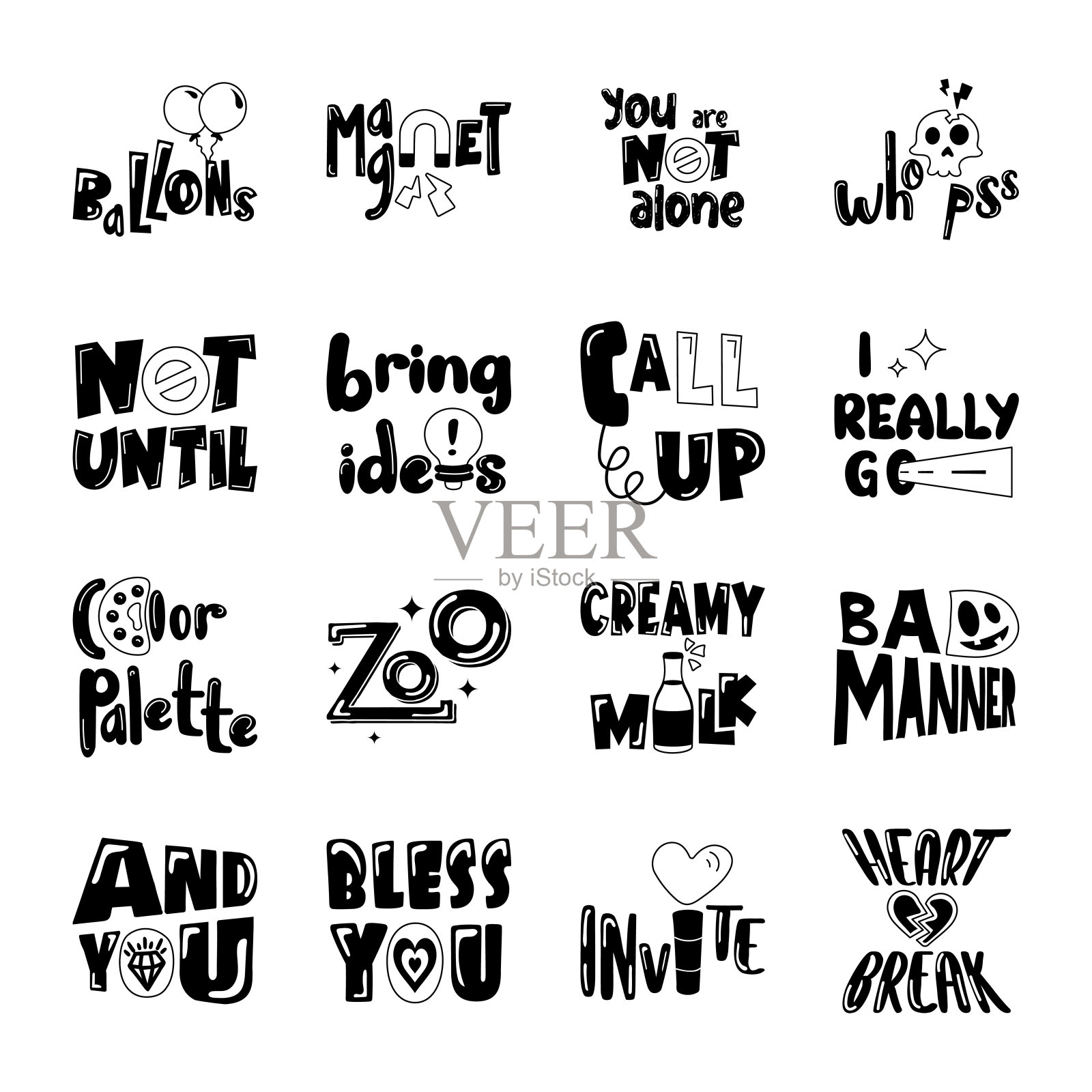 新潮的日常生活单词字形贴纸包插画图片素材