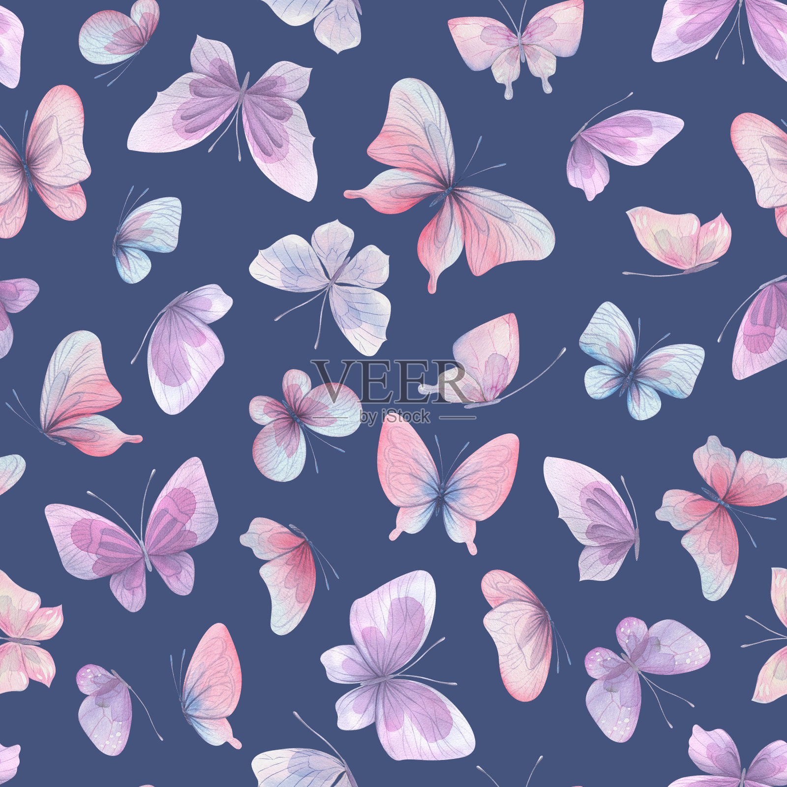 蝴蝶是粉红色的，蓝色的，淡紫色的，飞翔着，精致的翅膀和溅上的颜料。手绘水彩插图。无缝图案上的蓝色背景，为设计插画图片素材