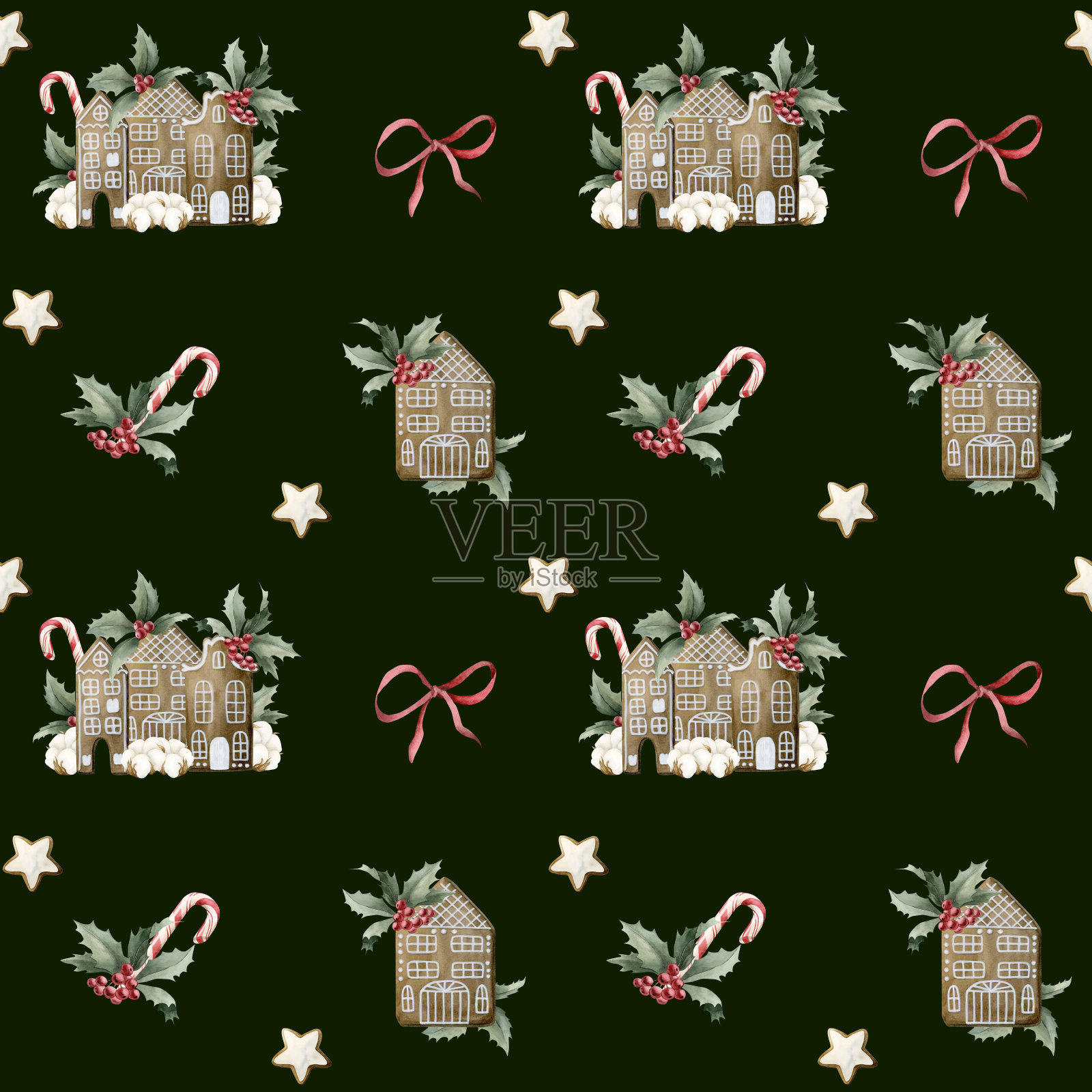 水彩无缝图案与姜饼饼干，糖果手杖，冬青，松枝和红丝带蝴蝶结上的黑暗插画图片素材