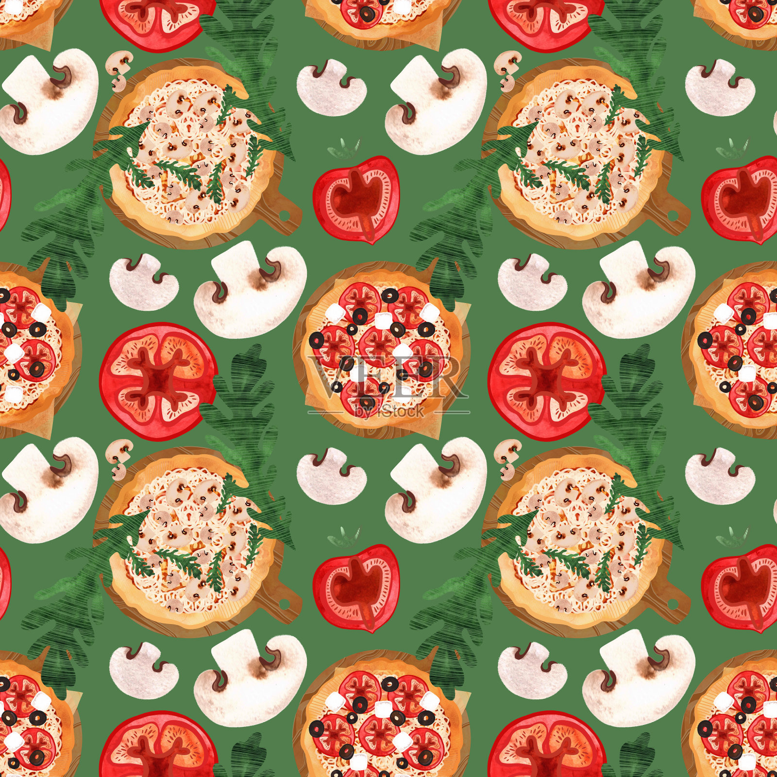 搭配蘑菇、西红柿、橄榄和芝麻菜的无缝披萨图案。水彩插图菜单，食谱，厨房纺织品，咖啡馆，餐馆和披萨店的设计，以及披萨盒和包装。插画图片素材