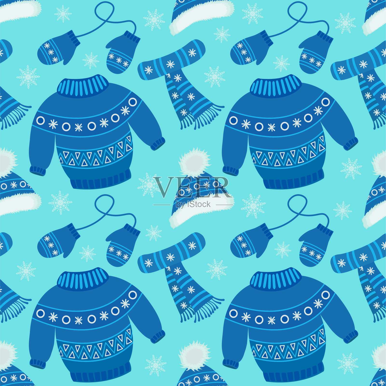 矢量图案与冬天的衣服。孩子们冬天走路穿的保暖衣服。针织帽、围巾、针织衫、提花手套等。向量集的明亮的颜色。插画图片素材