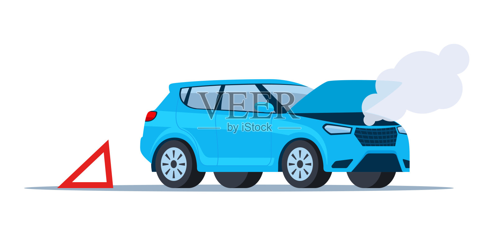 汽车在路上抛锚冒烟，引擎盖打开，后面有警告标志。矢量插图。插画图片素材