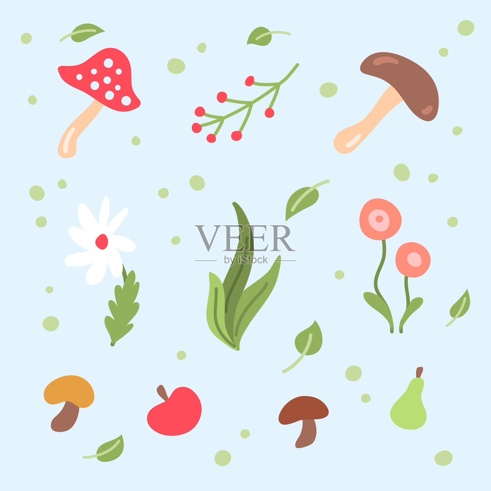 卡通色彩秋季花卉和植物收集。向量插画图片素材