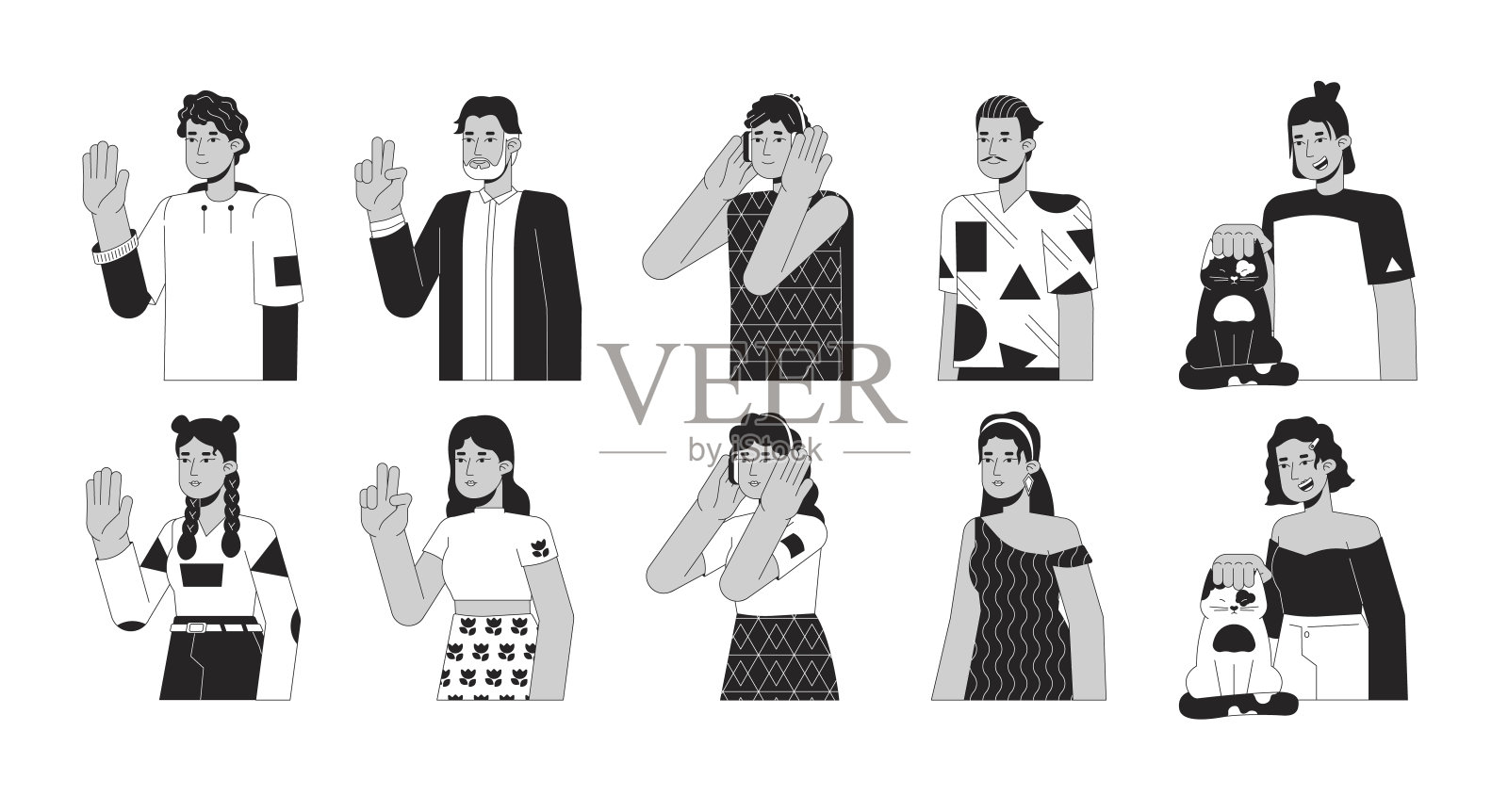 西班牙裔拉丁美洲黑人和白人2D线卡通人物集插画图片素材