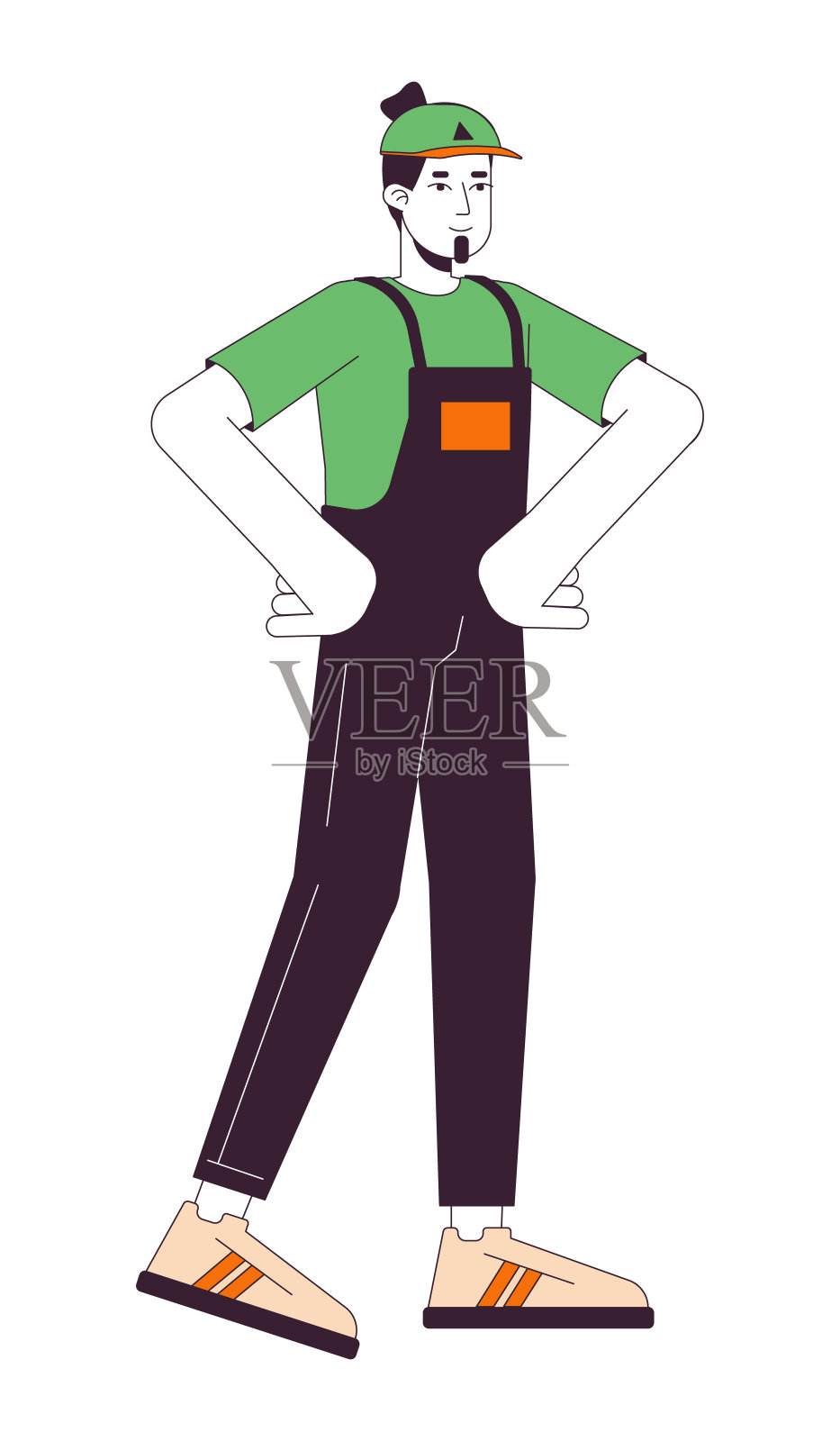 穿着工作服的白人搬运工2D线性卡通人物插画图片素材