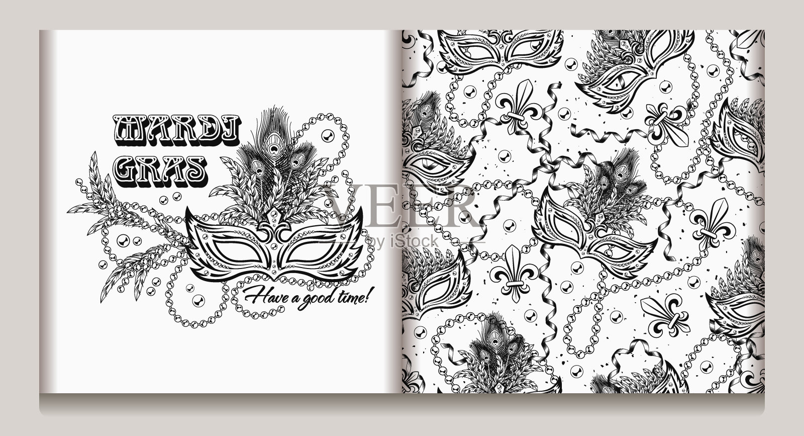 一套标签，无缝图案，适合狂欢节装饰。鸢尾花，羽毛，假面舞会面具，珠子，白底缎带。指纹，衣服，t恤，节日用品之类的。插画图片素材