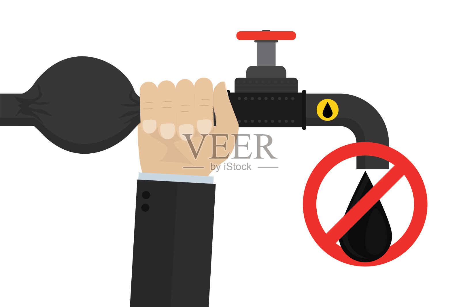 政客或商人的手掐了石油管道。禁止进口石油、天然气。禁运、制裁或限制。贸易，经济战争。油价上限。地缘政治，战争危机插画图片素材