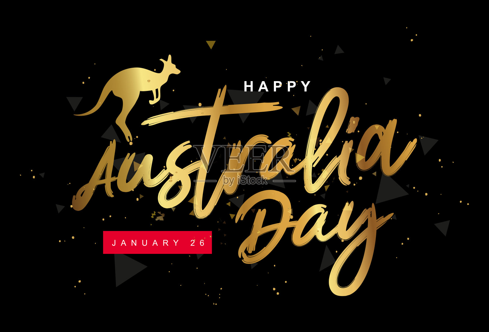 跳跃袋鼠的剪影。闪闪发光的金字——澳大利亚日快乐。1月26日。设计元素插画图片素材