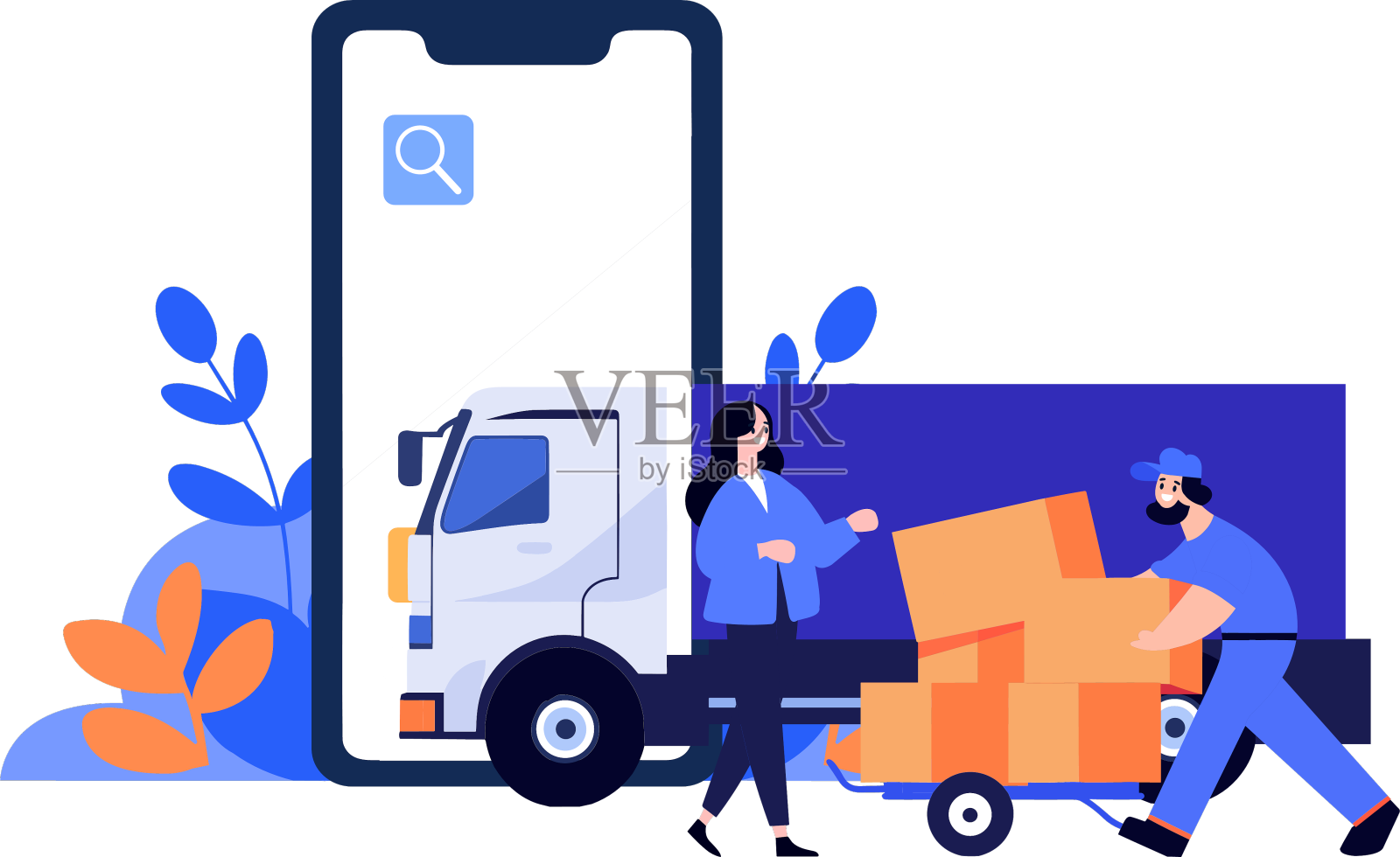 手绘送货员角色与卡车设计元素图片