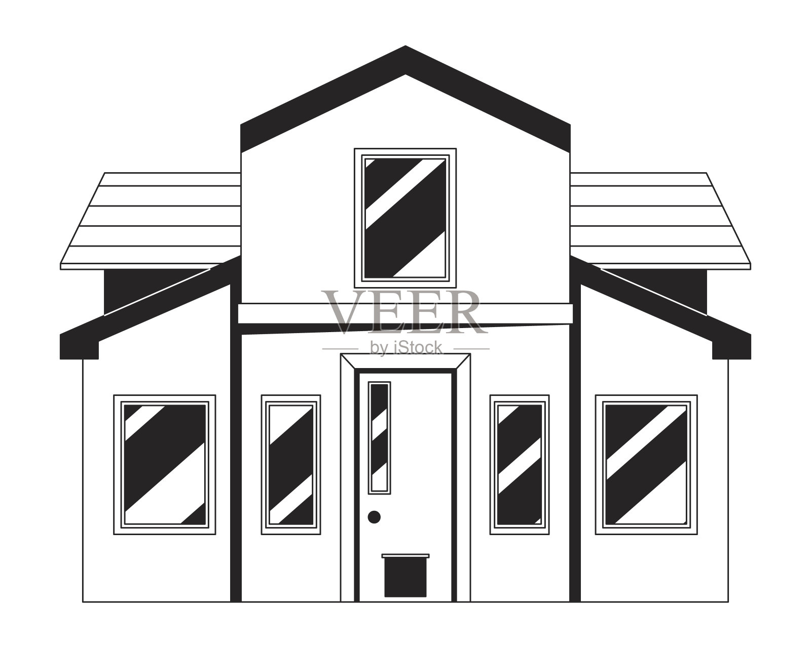 现代单户住宅黑白二维线条卡通对象插画图片素材