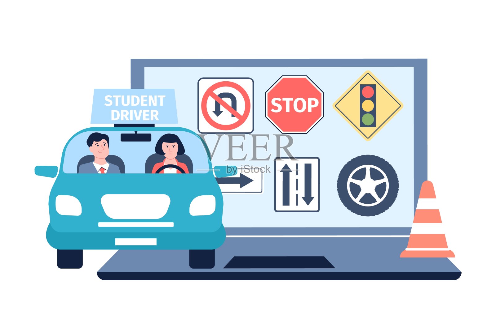 在线驾校。未来的司机和教练在车上，规则和道路标志在电脑屏幕上。交通规则，准备考试执照最近的矢量场景插画图片素材