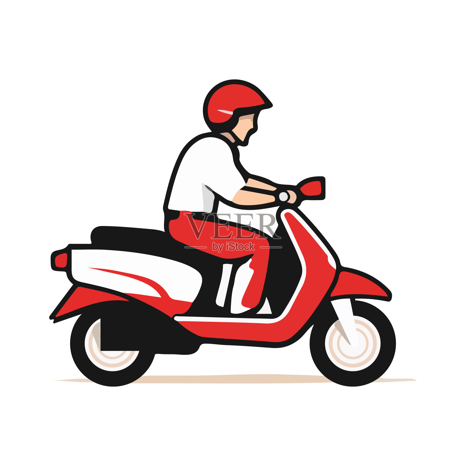 骑红色踏板车的快递员，在白色背景下隔离。送餐员。卡通风格。矢量图。插画图片素材