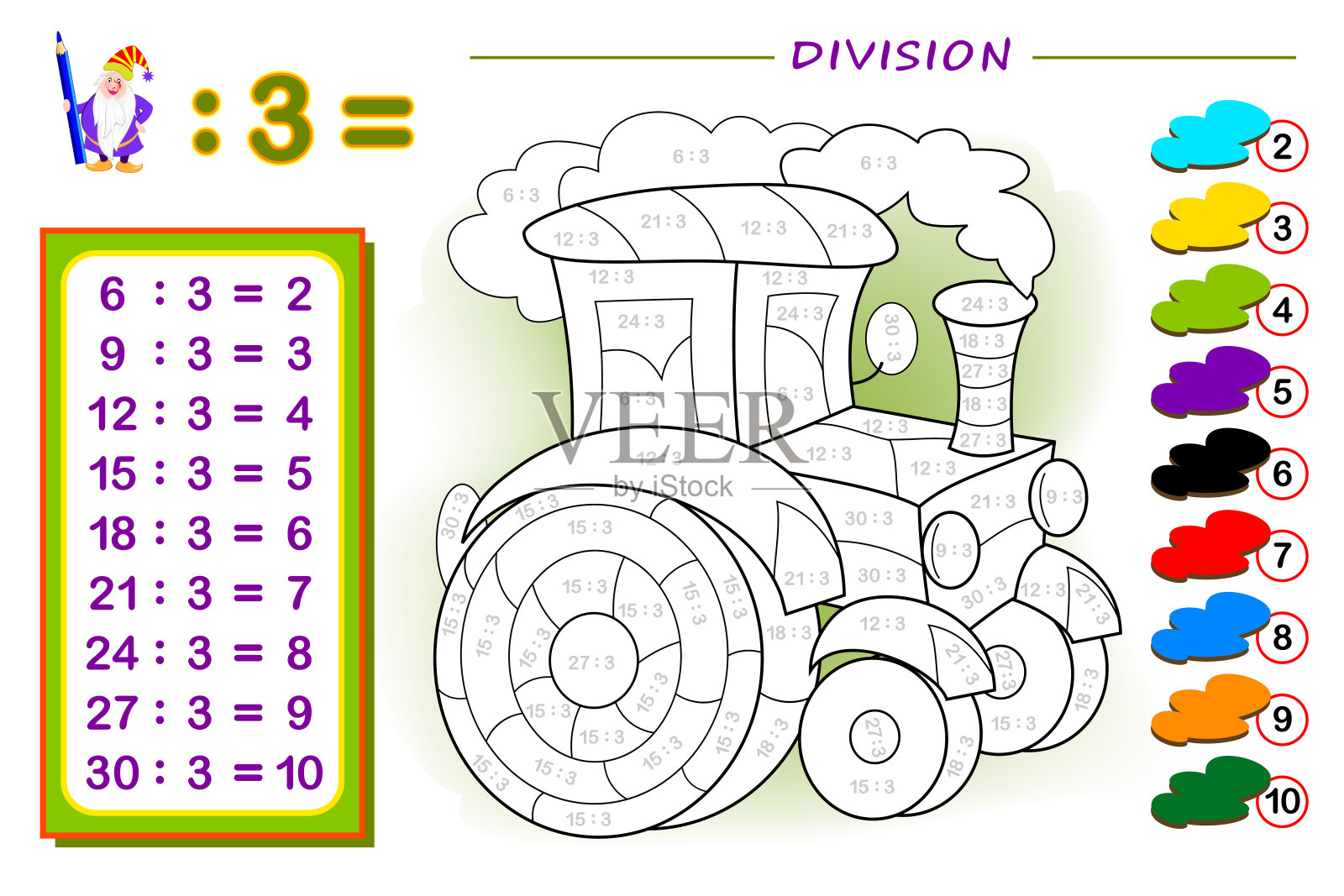 为孩子们准备的3除法练习。画一幅画。教育页的数学宝宝书。可打印的儿童课本工作表。回到学校。智商测试。矢量插图。插画图片素材