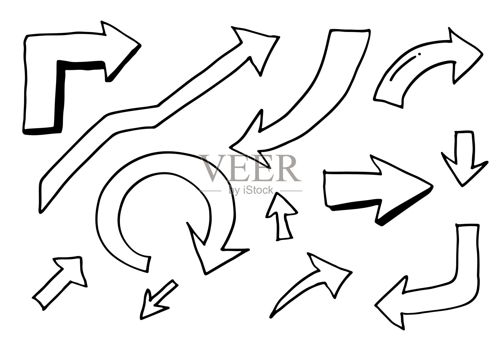 涂鸦设计元素。手绘箭头孤立在白色背景。矢量插图。插画图片素材