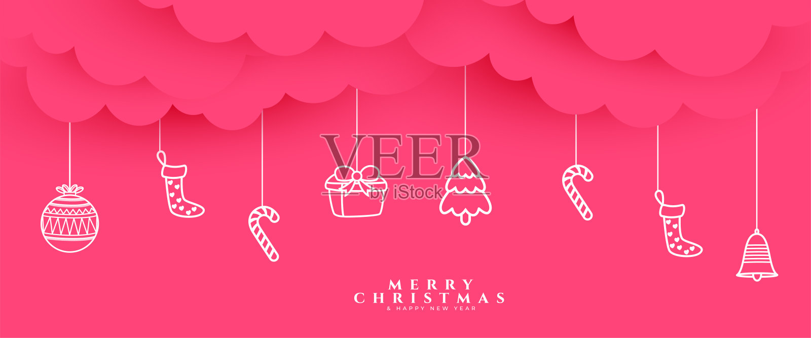 纸风格的圣诞派对邀请横幅与悬挂圣诞元素插画图片素材