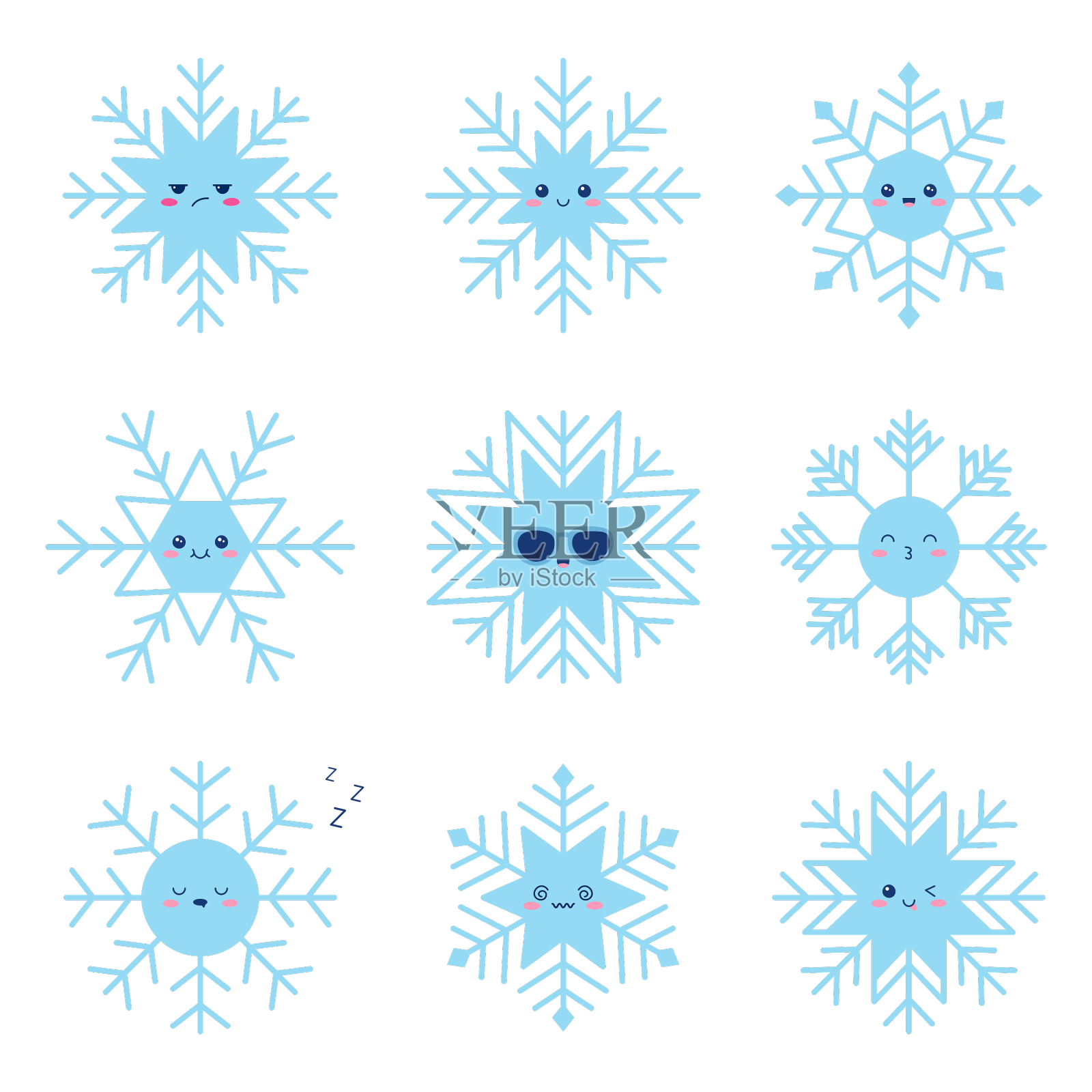 卡哇伊雪花角色与滑稽的脸设计元素图片