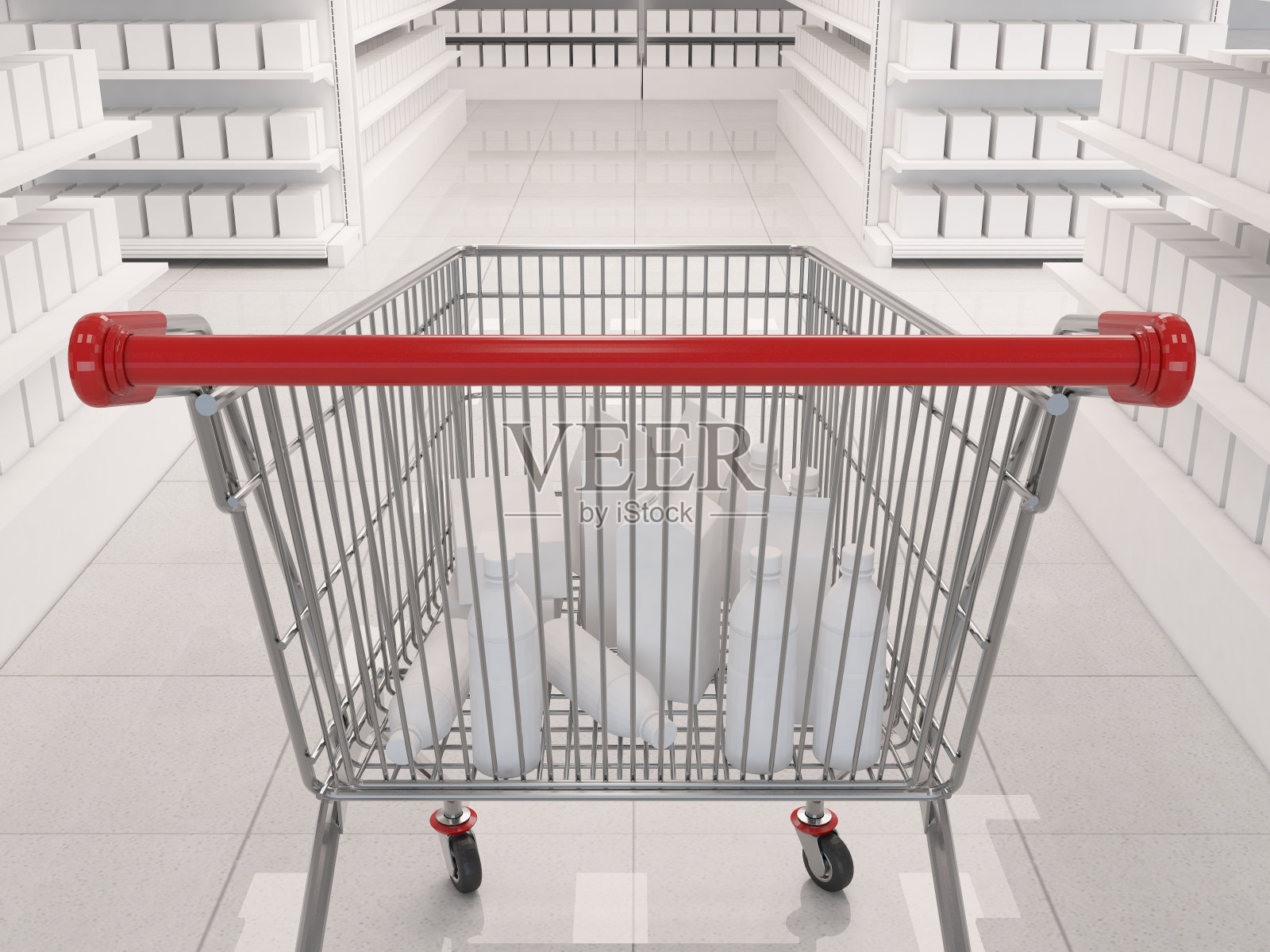 超市的货架和走道上摆满了食品杂货包装盒和一辆红色的金属购物车。三维渲染图照片摄影图片