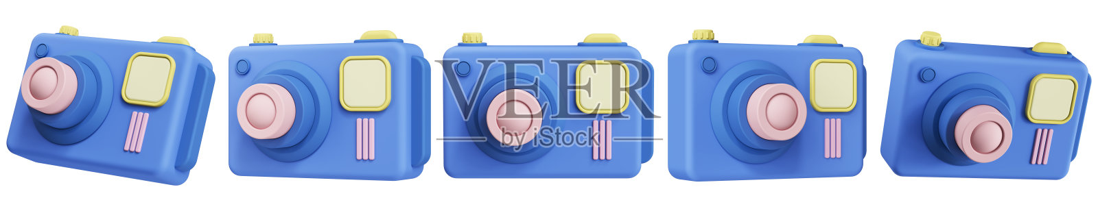 一套蓝色的卡通插图的相机在不同的位置在3D风格。具有塑性效果的时尚元素。照片摄影图片