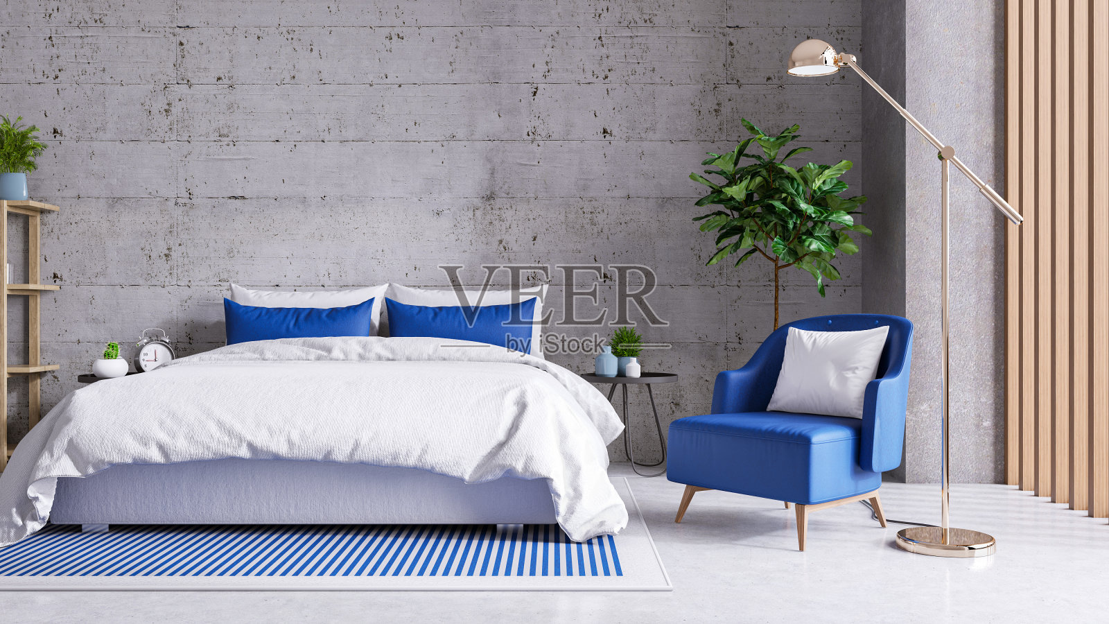 卧室的现代和阁楼内部，混凝土墙上的绿色扶手椅，3d渲染照片摄影图片