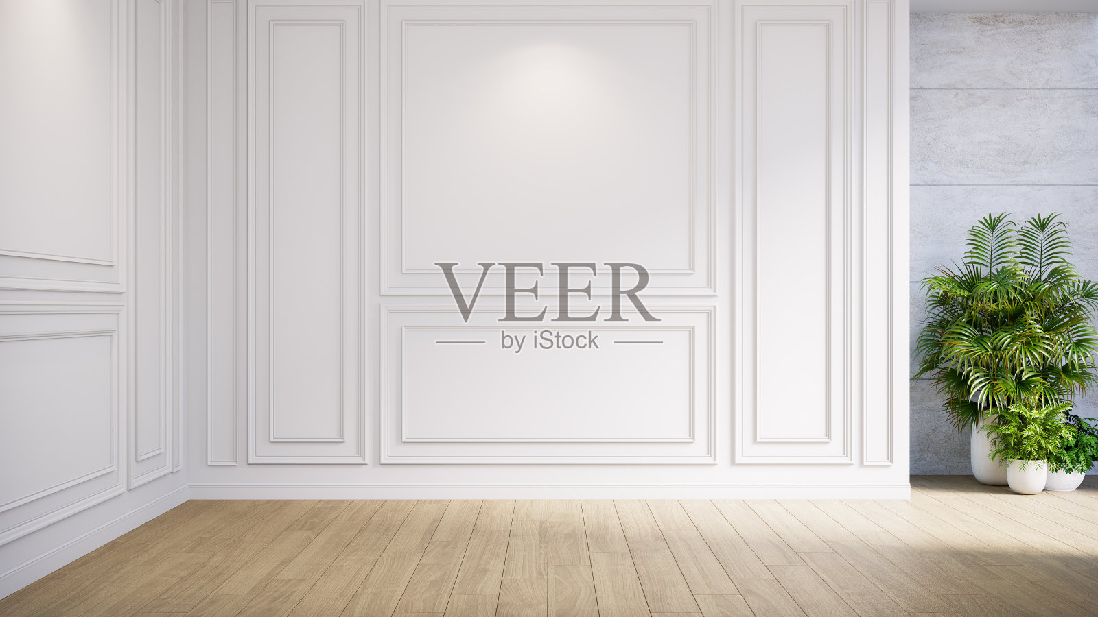 空房间现代经典内饰，没有人，白墙和木地板，3d渲染照片摄影图片