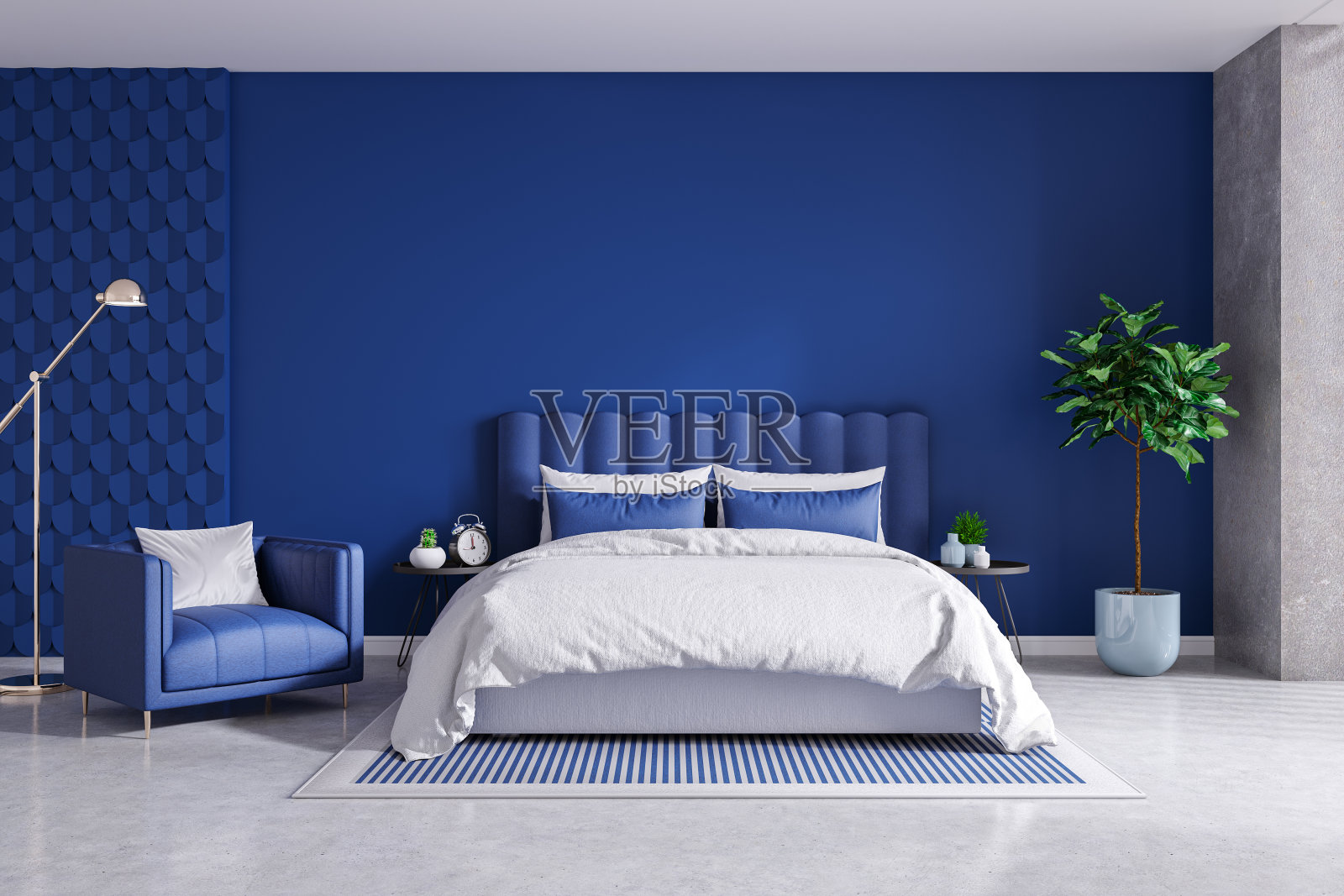 现代的卧室和装饰理念，经典的蓝色房间。三维渲染照片摄影图片